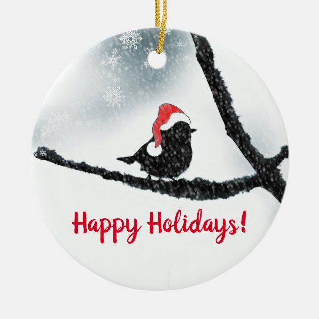 Winter Holidays Bird  Snowy Branch  Ceramic Ornament (Front)