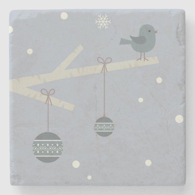 Winter holidays forest tree sparrow birds cartoon stone coaster (Front)