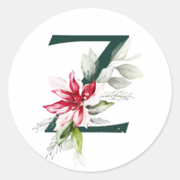 Winter holidays MONOGRAM red poinsettia berries C Classic Round Sticker