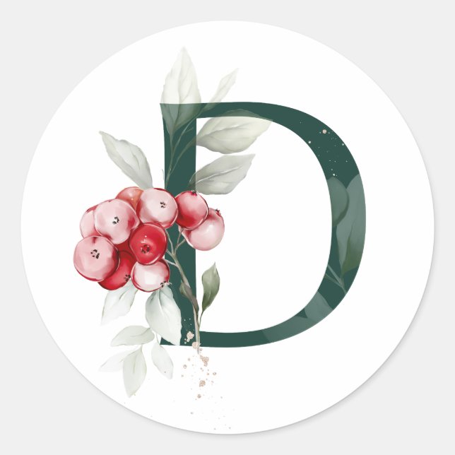 Winter holidays MONOGRAM red poinsettia berries  C Classic Round Sticker (Front)