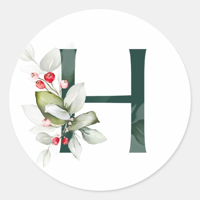 Winter holidays MONOGRAM red poinsettia berries  C Classic Round Sticker (Front)