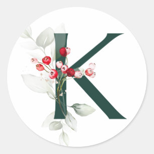 Winter holidays MONOGRAM red poinsettia berries  C Classic Round Sticker