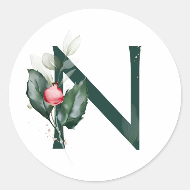 Winter holidays MONOGRAM red poinsettia berries  C Classic Round Sticker (Front)