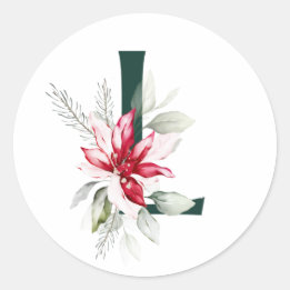 Winter holidays MONOGRAM red poinsettia berries C Classic Round Sticker