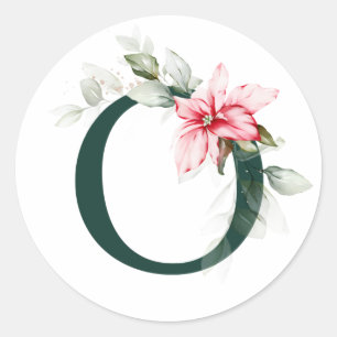 Winter holidays MONOGRAM red poinsettia berries  C Classic Round Sticker