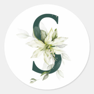 Winter holidays MONOGRAM white poinsettia Classic Round Sticker