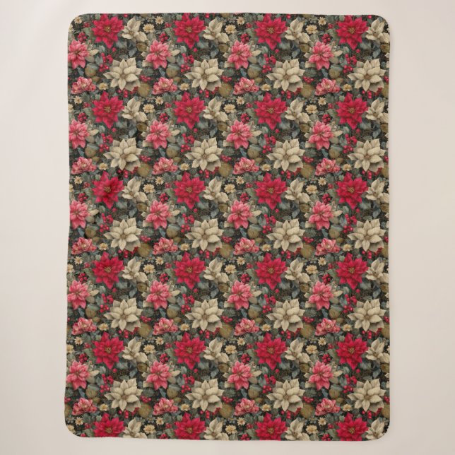 Winter Holidays Poinsettia Floral Sherpa Blanket (Front)