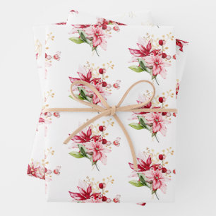 Winter holidays  red poinsettia berries wrapping paper sheet