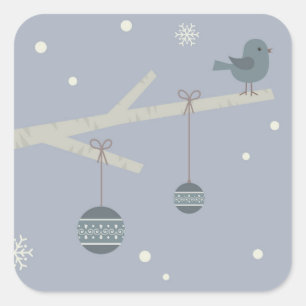 Winter holidays xmas ball blue bird cartoon square sticker