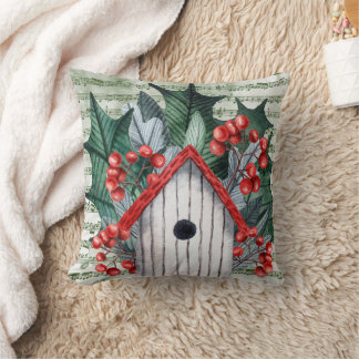Winter Holly and Birdhouse Watercolor Throw Pillow