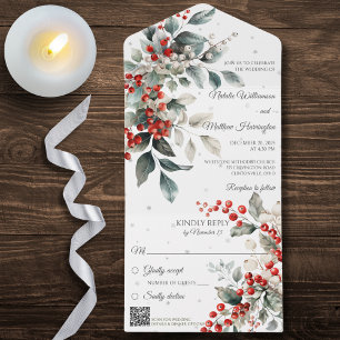 Winter Holly and Snowflakes with QR Code All In One Invitation