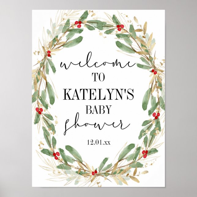 Winter Holly Baby Shower Welcome Sign Christmas (Front)