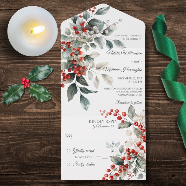 Winter Holly Berry All In One Invitation (Also available with QR code)