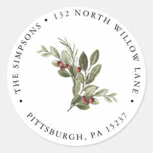 Winter Holly Berry Branch Holiday Return Address Classic Round Sticker