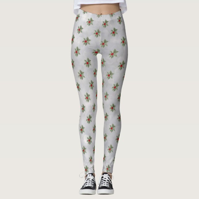 Winter Holly Berry Pattern Leggings (Front)