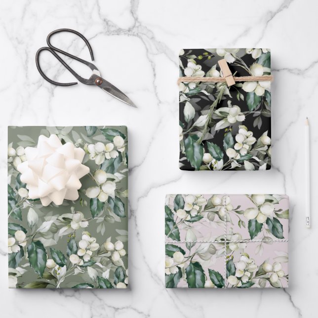 Winter holly branches green pattern watercolour wrapping paper sheet (Front)