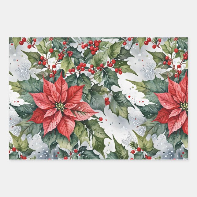 Winter Holly Wrapping Paper Flat Sheet Set of 3 (Front)