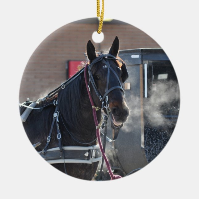 Winter Horse Hitch Ceramic Ornament (Front)