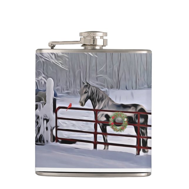 Winter horse in snow holiday hip flask (Front)
