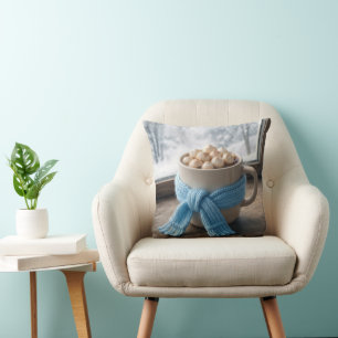 Winter Hot Cocoa With Blue Scarf Throw Pillow