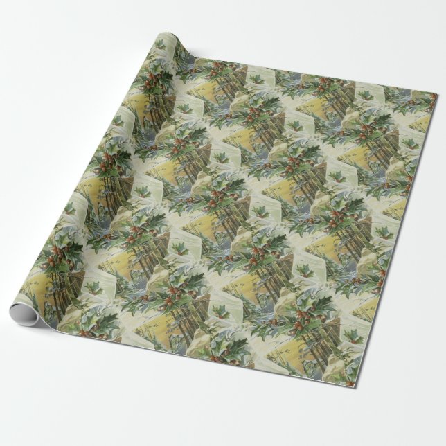 Winter House Vintage Illustration Wrapping Paper (Unrolled)
