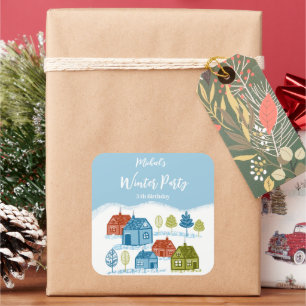 Winter houses Birthday Party Baby Invitation Square Sticker