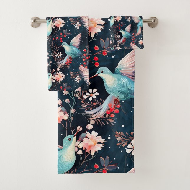 Winter Hummingbirds Pattern Bath Towel Set (Insitu)