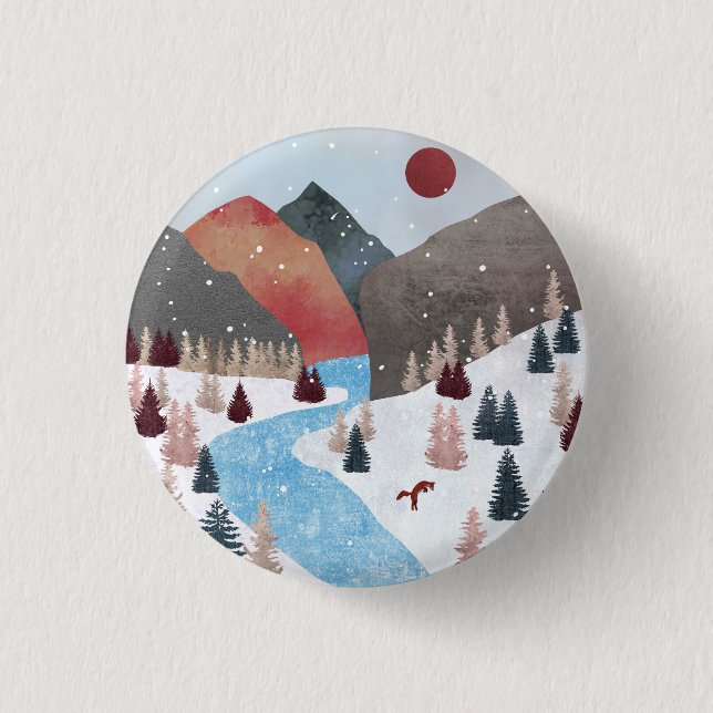 Winter Hunting Fox 1 Inch Round Button (Front)