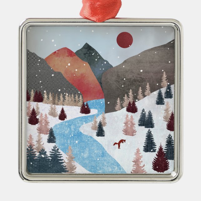 Winter Hunting Fox Metal Ornament (Front)