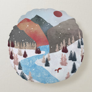 Winter Hunting Fox Round Pillow