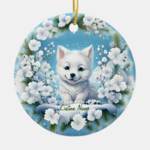 Winter Husky Puppy, Holiday Wreath Customizable -