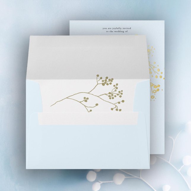 Winter Ice Blue Botanical Gold Elegant Wedding Envelope (icy blue winter botanical wedding envelope elegant modern classic simple minimalist hand-drawn art)