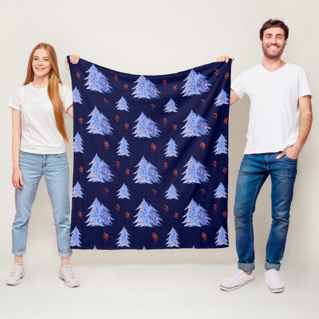 Winter Ice Blue Tree Holly Berries Navy Christmas Fleece Blanket (In Situ)