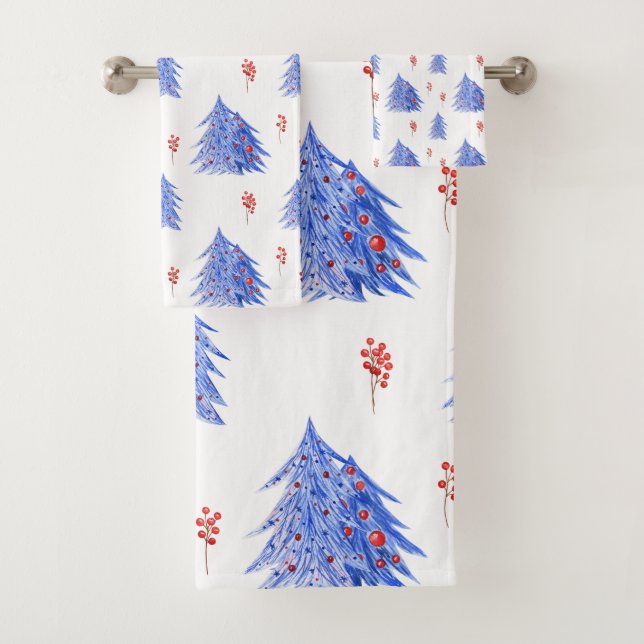 Winter Ice Blue Tree Holly Berries White Christmas Bath Towel Set (Insitu)