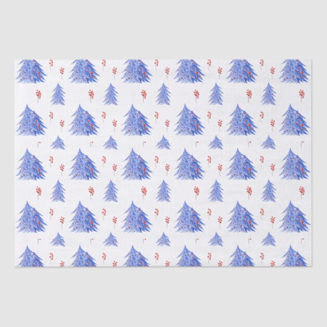 Winter Ice Blue Tree Holly Berries White Christmas Tissue Paper (Front)