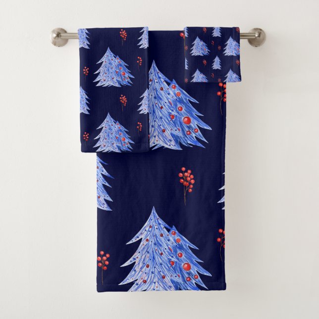 Winter Ice Blue Trees Holly Berries Navy Christmas Bath Towel Set (Insitu)