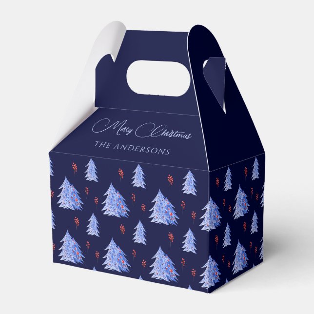 Winter Ice Blue Trees Holly Berries Navy Christmas Favor Box (Front Side)