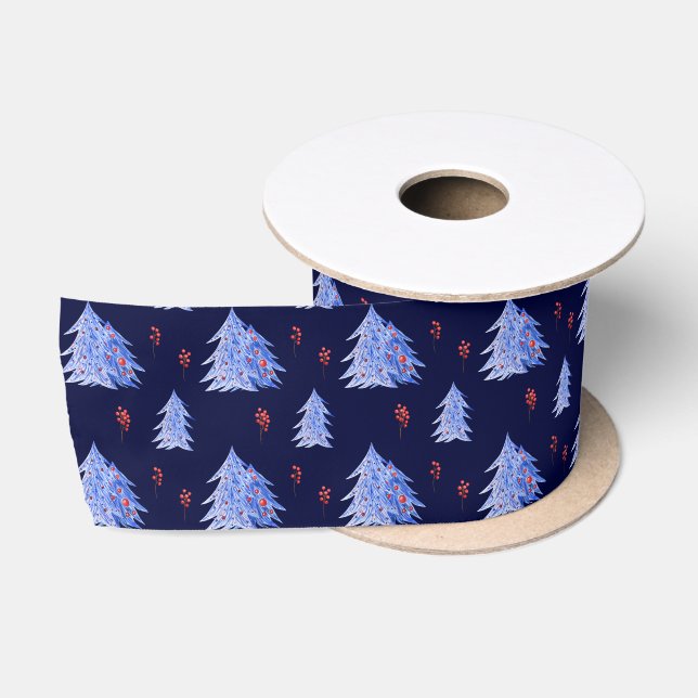 Winter Ice Blue Trees Holly Berries Navy Christmas Satin Ribbon (Spool)