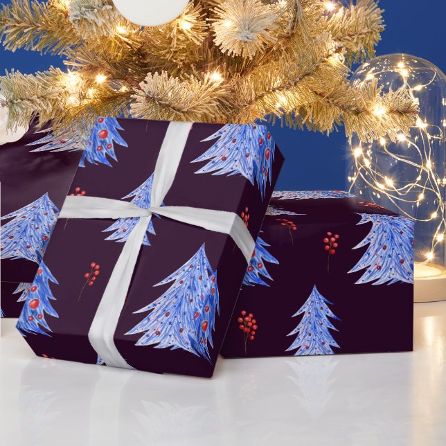 Winter Ice Blue Trees Holly Berries Plum Christmas Wrapping Paper (Holidays)