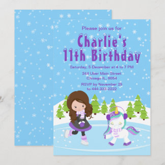Winter Ice Skating Birthday Brown Hair Girl Invita Invitation