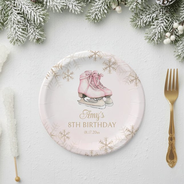 Winter Ice Skating Birthday Gold Glitter Snowflake Paper Plate (Creator Uploaded)