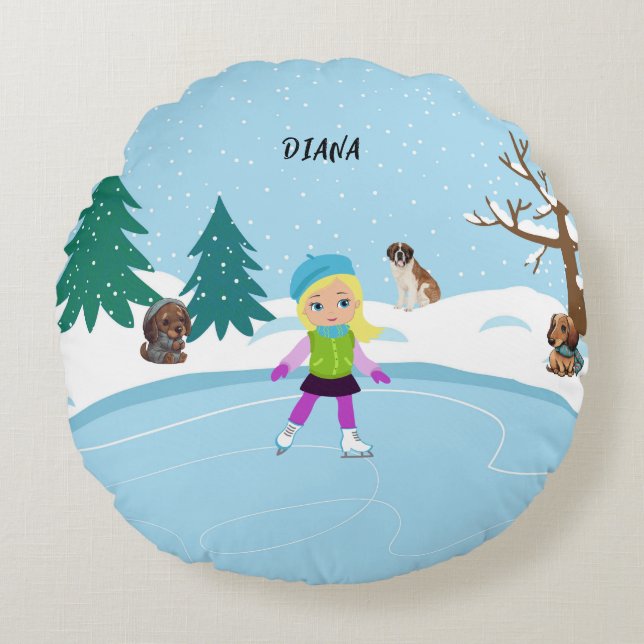 Winter Ice Skating Scene girl's Round Pillow (Front)