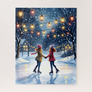Winter Ice Skating Under Lantern Lights Jigsaw Puzzle