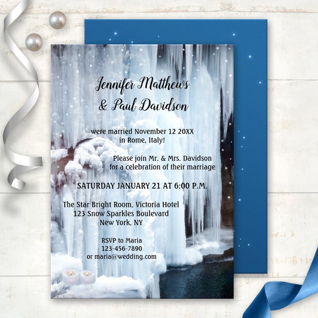 Winter Ice Sparkles Wedding Reception Only Invitation (After wedding invitation featuring a frozen waterfall with sparkly snowflake lights and candles)