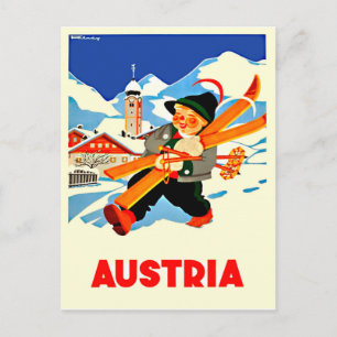Winter in Austria. Happy man is going to ski Postcard