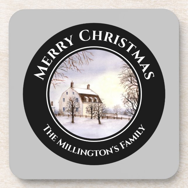 Winter in New England Christmas Black Gray Circle Coaster (Front)