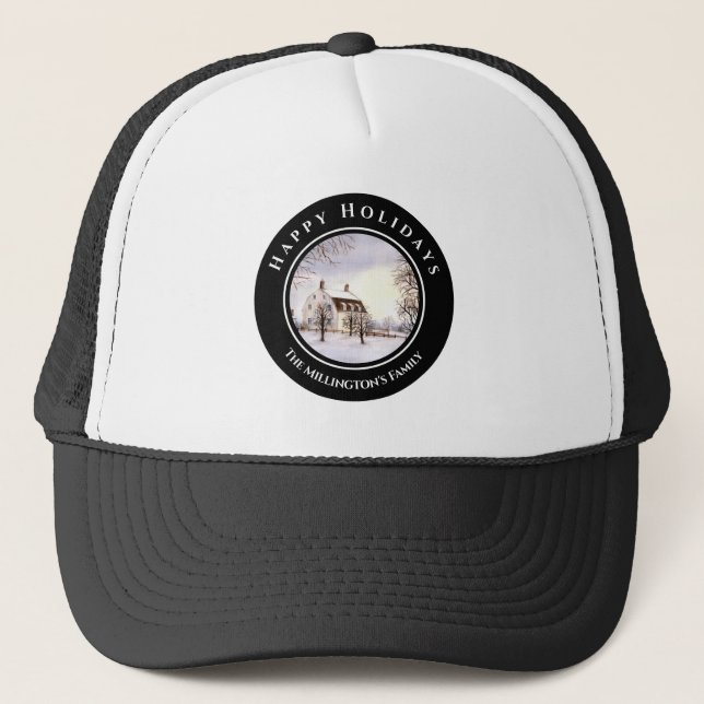 Winter in New England Christmas Black Gray Circle Trucker Hat (Front)