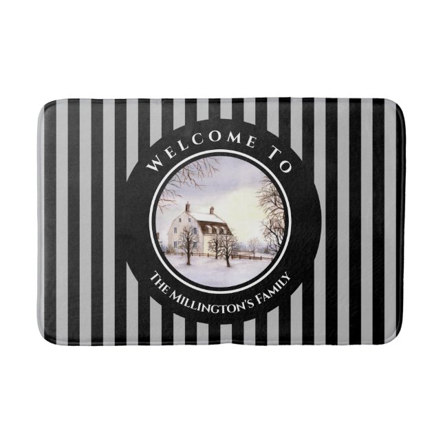 Winter in New England Christmas Black Grey Circle Bath Mat (Front)