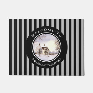 Winter in New England Christmas Black Grey Circle Doormat