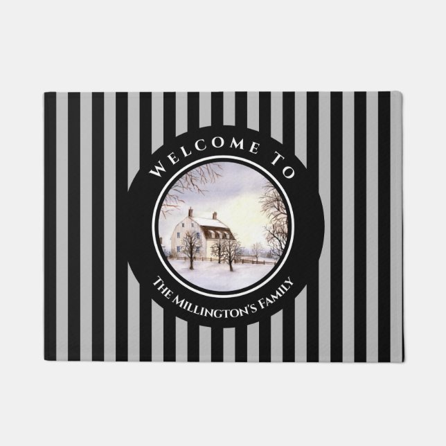 Winter in New England Christmas Black Grey Circle Doormat (Front)